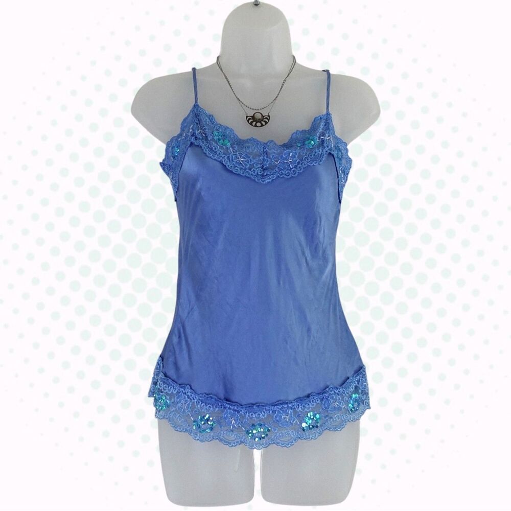 Vintage Y2K NY & Co 100% Silk Sky Blue Beaded Lace Trim Camisole Tank Top Size S